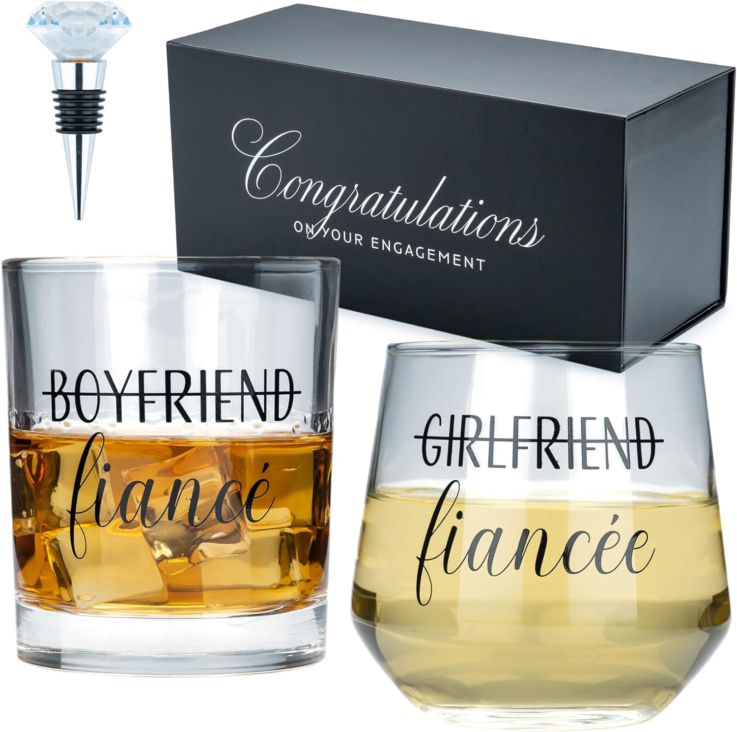 Newlywoo Engagement Gifts Fiancé & Fiancée Whiskey Wine Glass Set